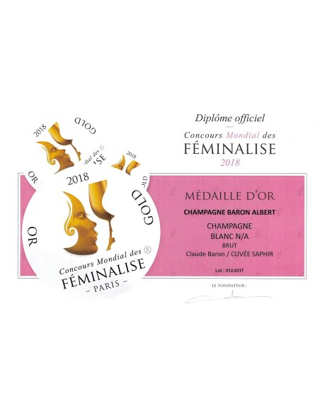 Médaille d'or 2018 SAPHIR CHAMPAGNE BRUT CLAUDE BARON Médaille d'or 2018 SAPHIR CHAMPAGNE BRUT CLAUDE BARON